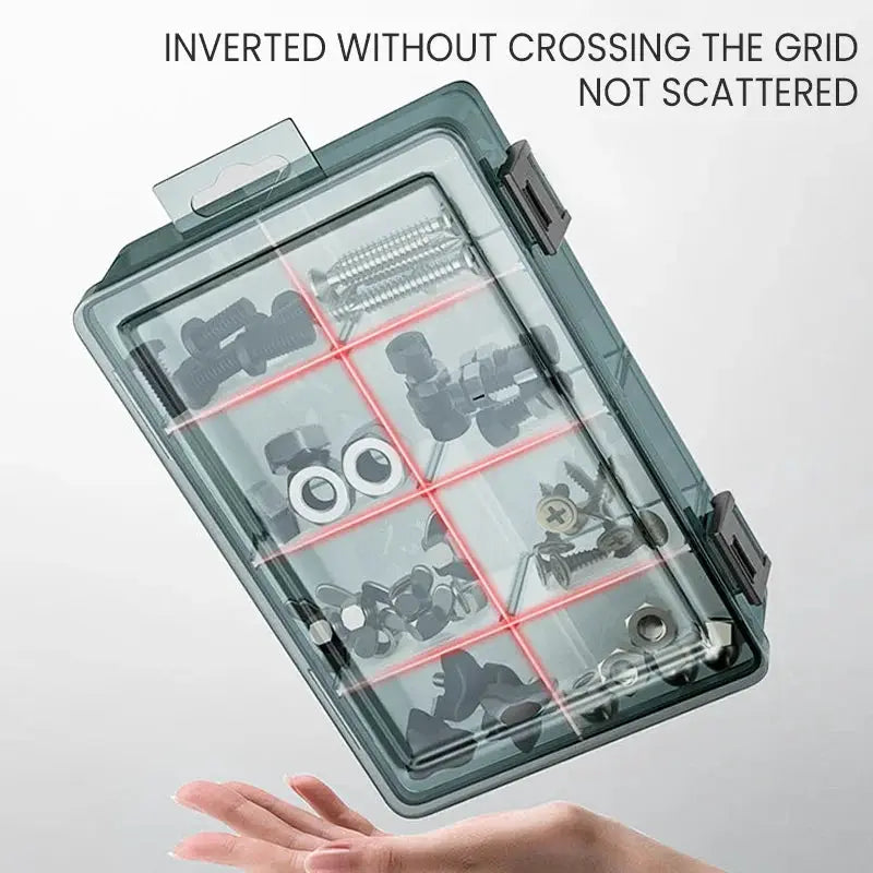 AIRAJ plastic tool parts box from Simples Market with clear lid and grid compartments, containing screws, bolts, nuts