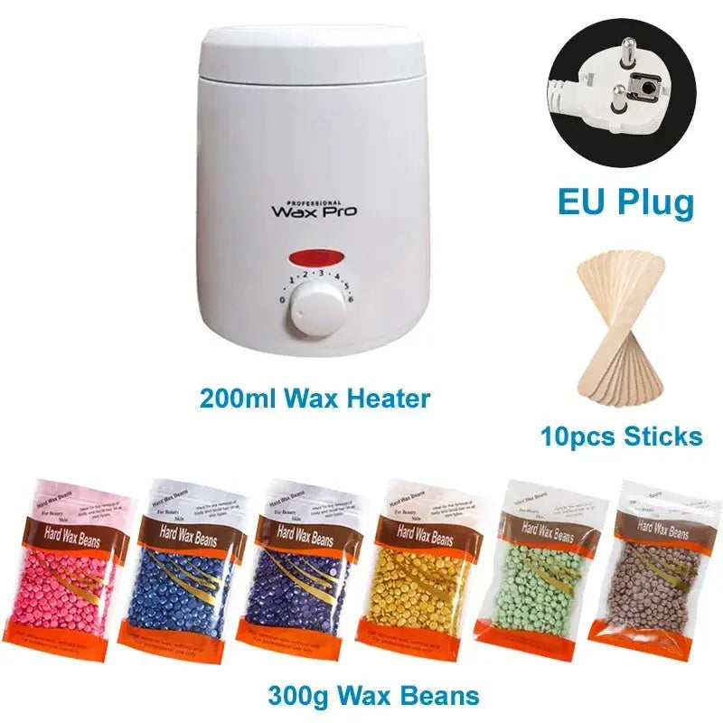 200ml wax heater with EU plug, white wax melting machine by Simples Market, includes 10 sticks and 300g assorted wax beans.
