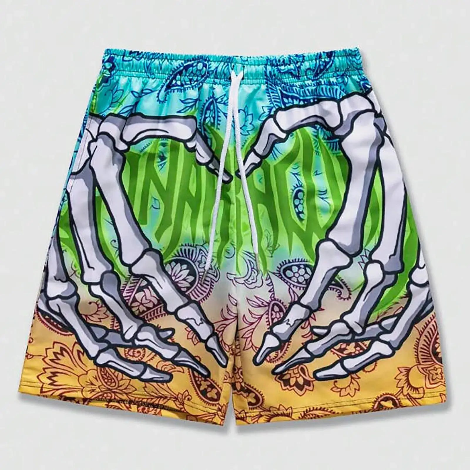 Men's elastic waist board shorts with bold 3D skeleton hand print in blue-green-orange gradient.