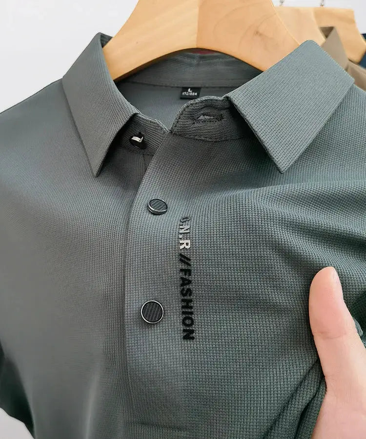 Polo shirt dark grey ice-silk with textured knit, metal-ring buttons, ONER FASHION logo