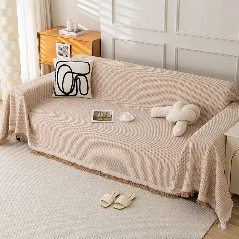 Sofa towel blanket by Simples Market in cream wind-cotton yarn with full-coverage all-season sofa cover