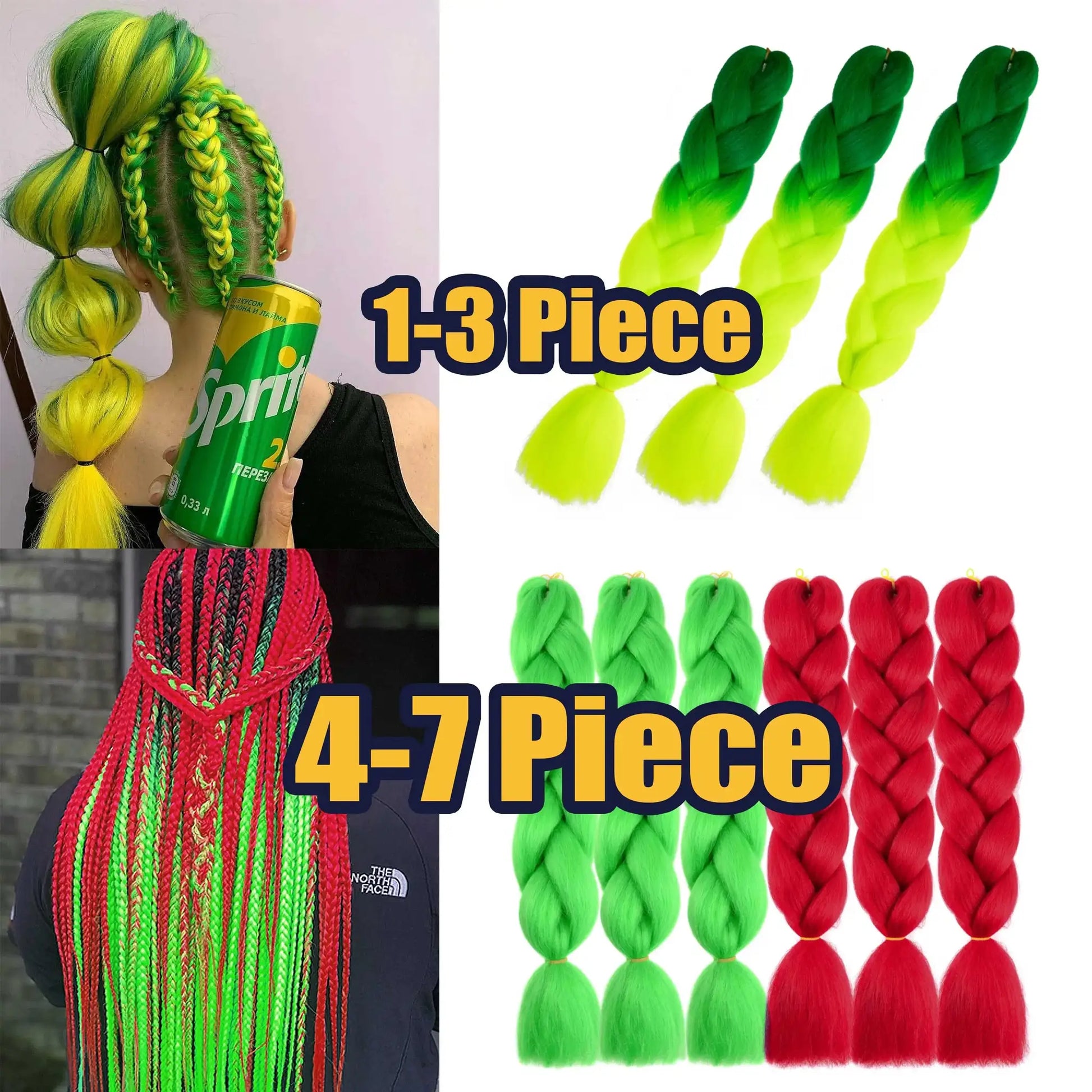 Synthetic Kanekalon crochet hair; neon green and lime-yellow jumbo curly pre-stretched braids, assorted pack sizes
