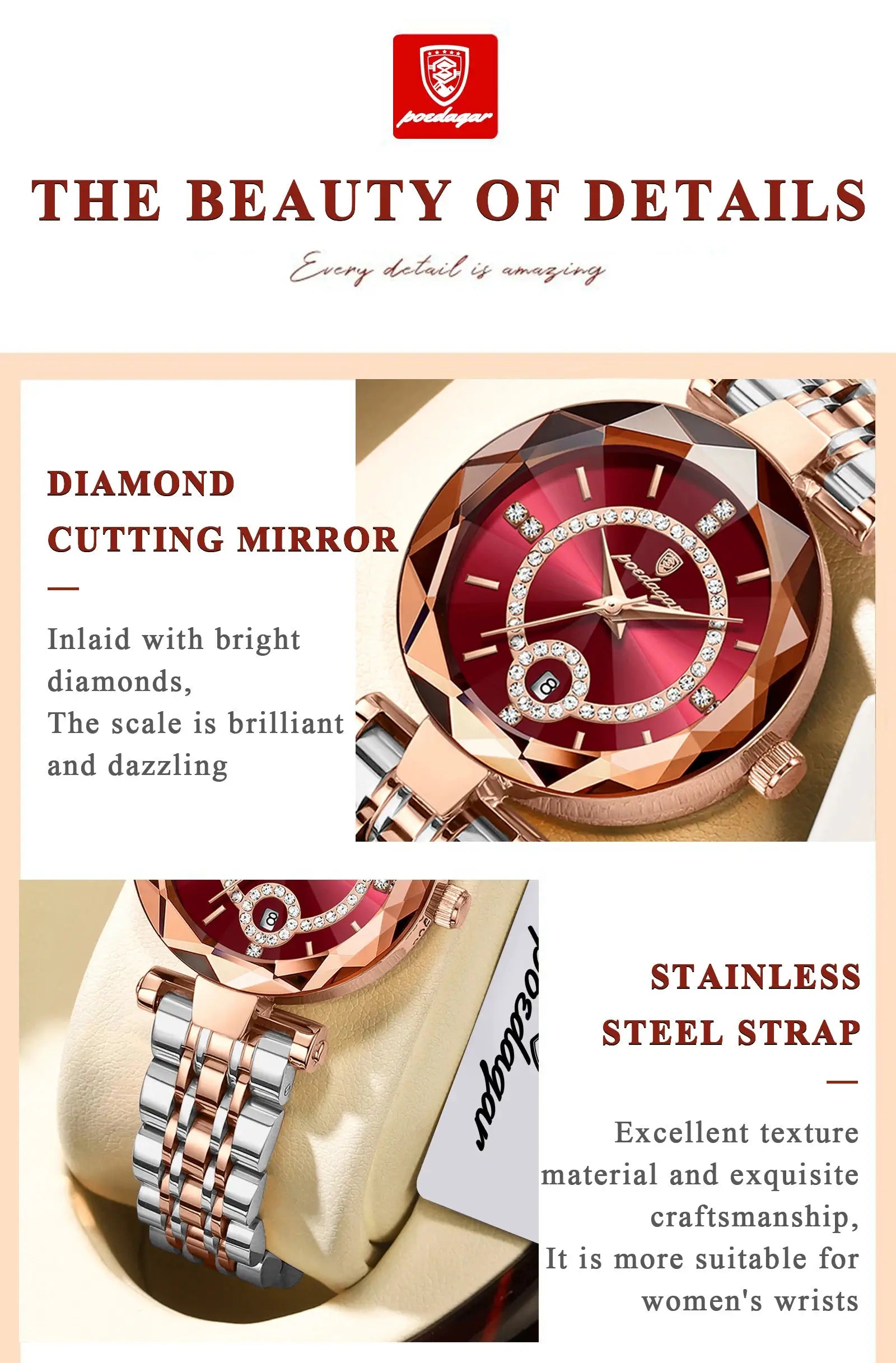 POEDAGAR women's two-tone rose gold and silver stainless steel wristwatch with red dial and diamond-studded bezel