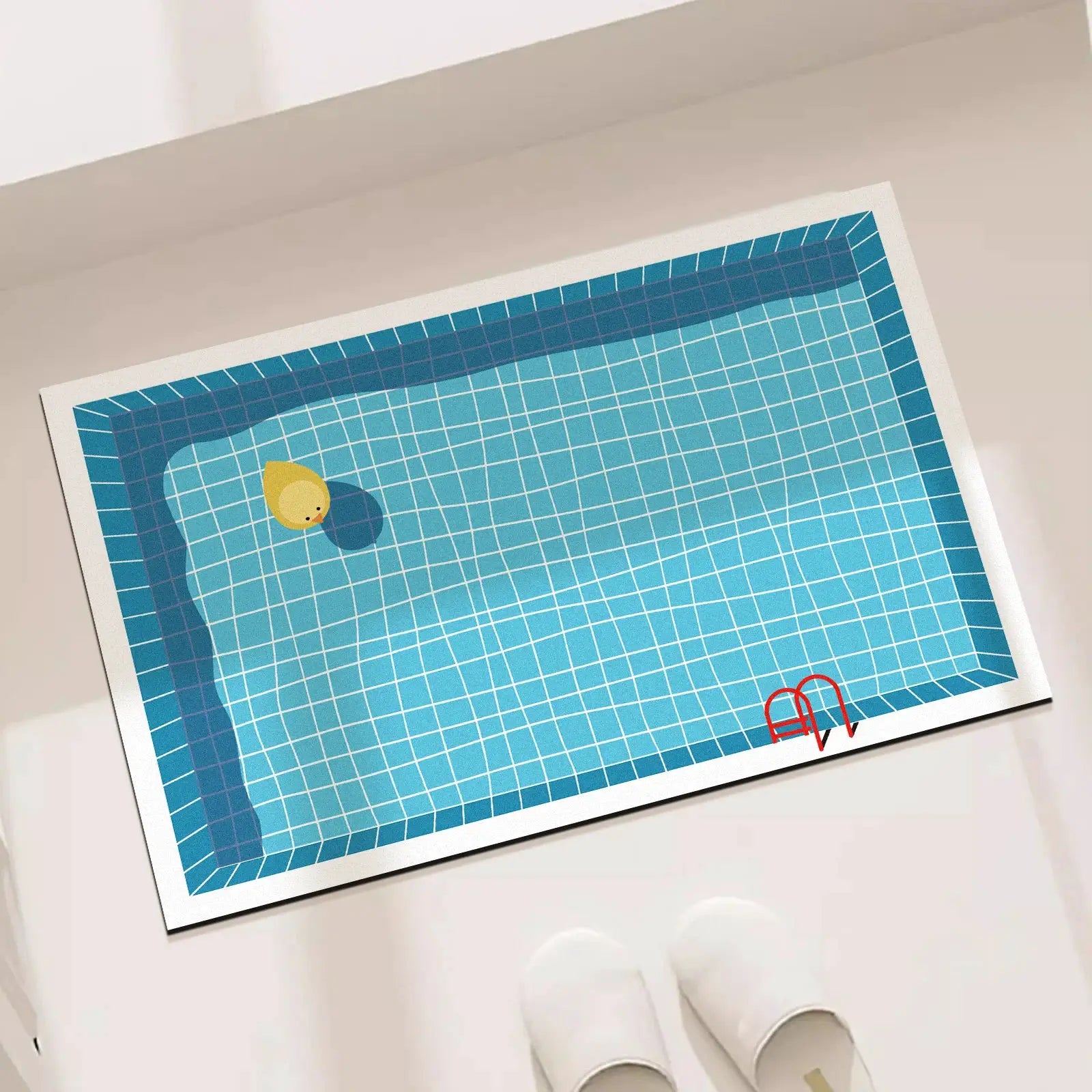 Rubber bathroom anti-slip floor mat by Simples Market with cartoon swimming pool print in blue tiles.