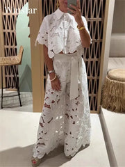 Women Hollow Out Two Piece Wide Leg Pants Set Lace Casual Style