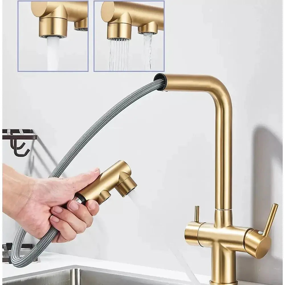 Simples Market kitchen pull-out filtered faucet in black brass with dual sprayer and 360° rotation