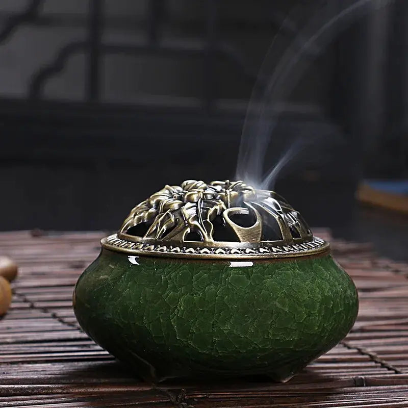 Ceramic Ice Crack Plate Incense Burner With Antique Copper Cover Aroma Diffuser Home Decor