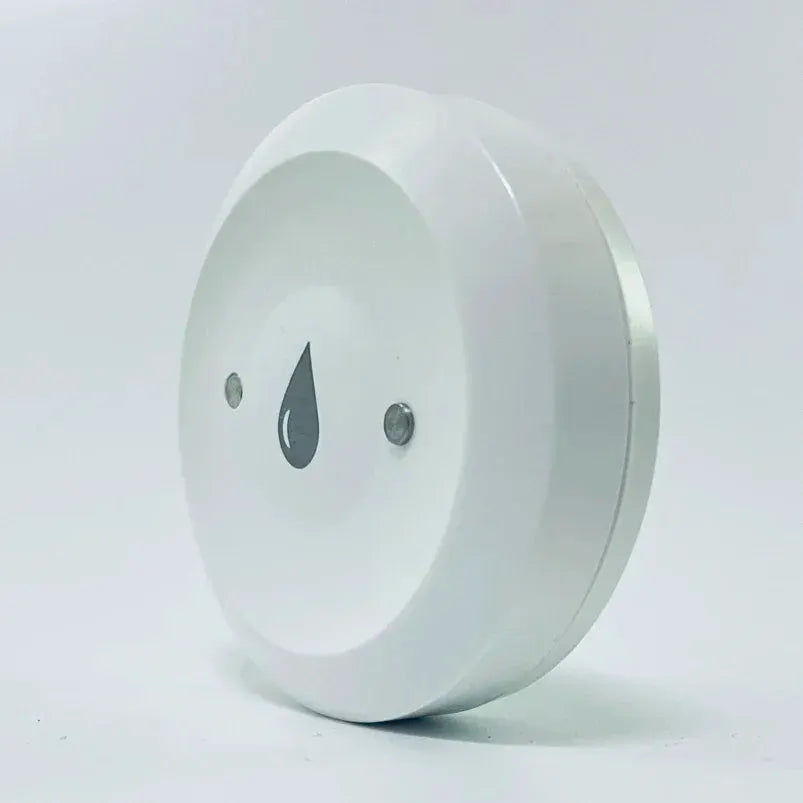 White round water leak detector with a water drop icon; immersion sensor