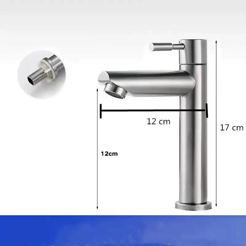 Simples Market stainless steel deck-mounted single cold basin tap with elongated spout and tall cylindrical body