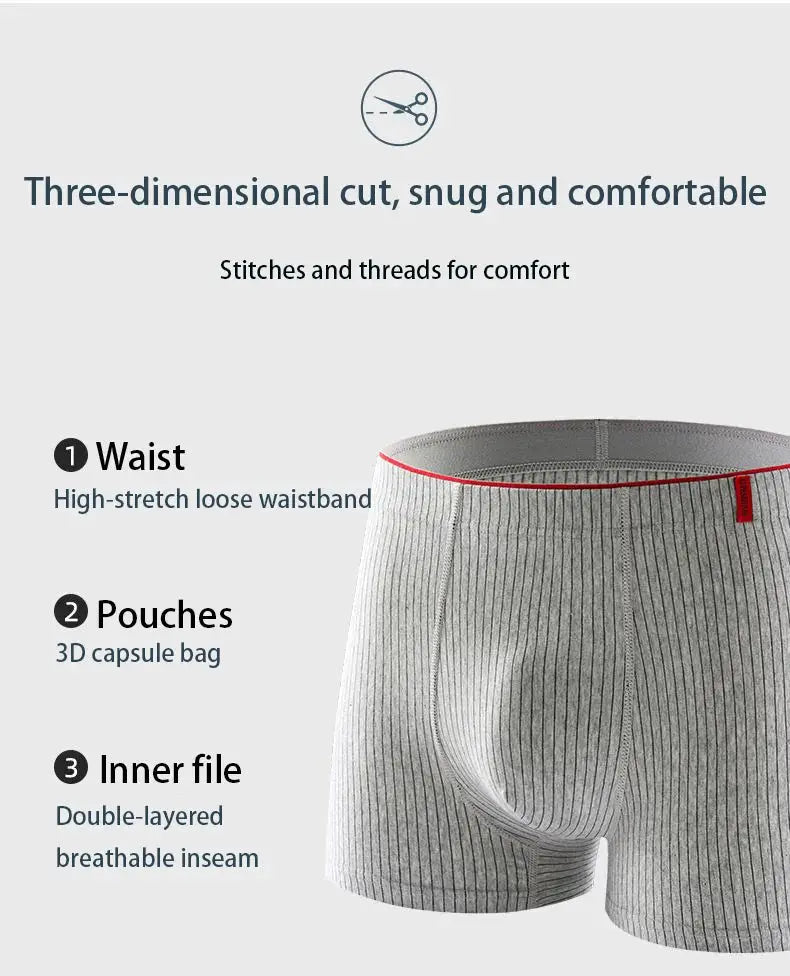 Men's grey striped boxer briefs with high-stretch waistband and breathable fit