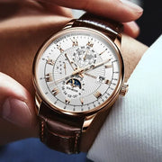 NovaLux Moon Phase Chronograph Leather Mens Watch With Luminous Hands And Complete Calendar
