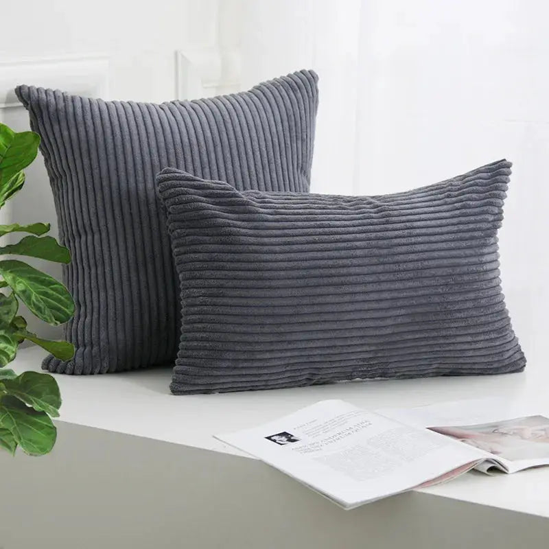 Corduroy striped cushion covers in dark blue-gray, 2-piece set for living room decor