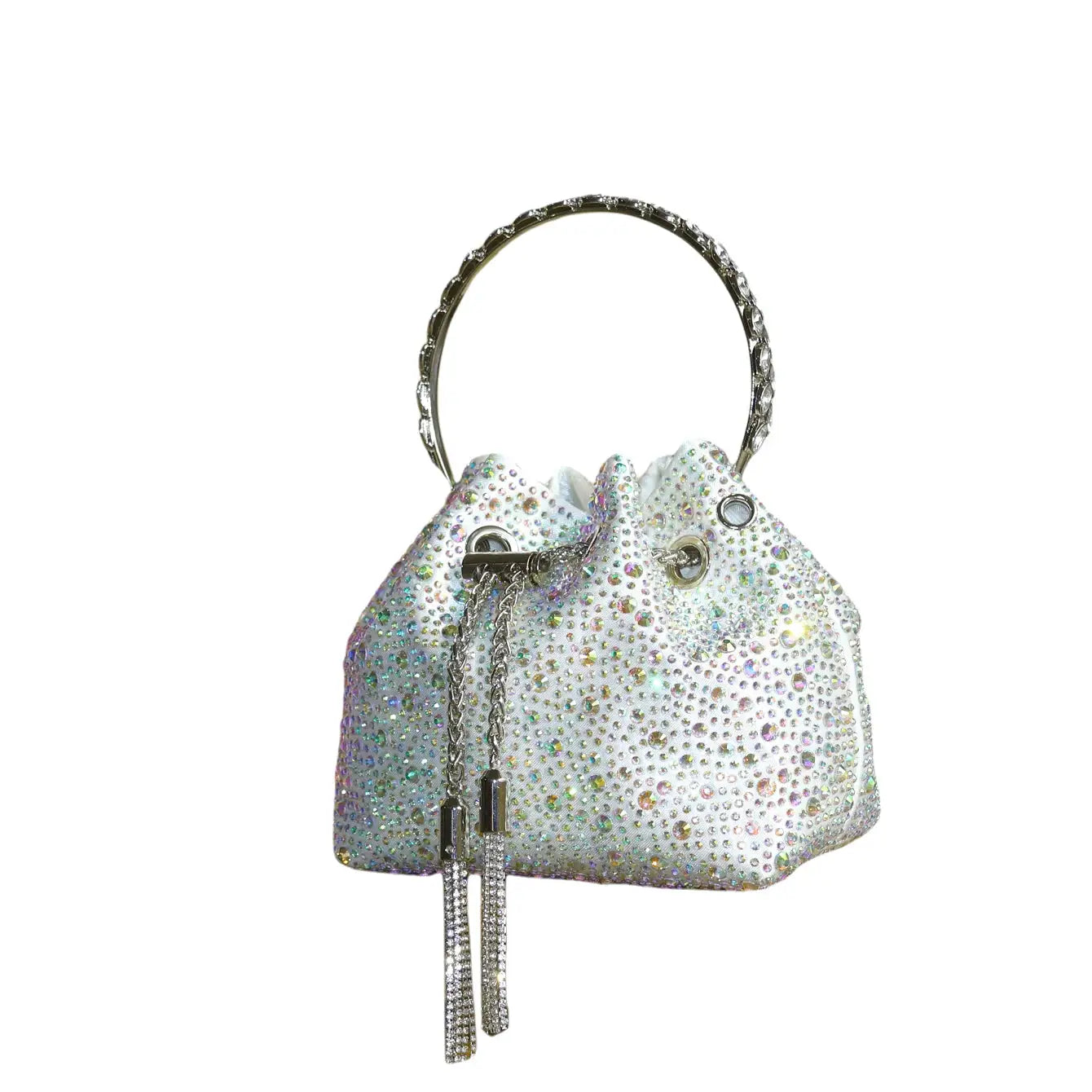 Simples Market rhinestone evening clutch bag with crystal-covered bucket design, silver ring handle and crystal tassels