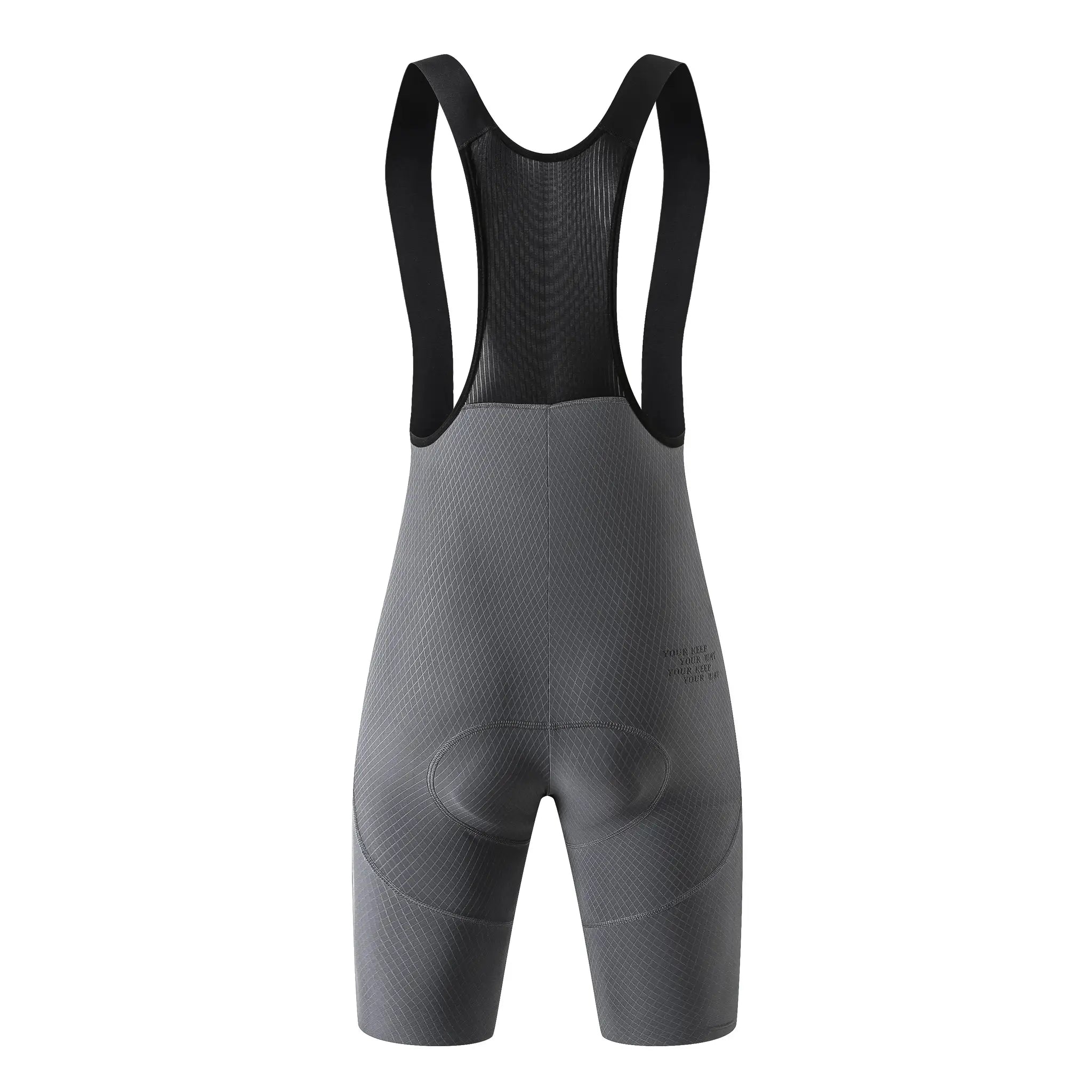 Cycling bib shorts by Simples Market, black shoulder straps and gray diamond-patterned back panel