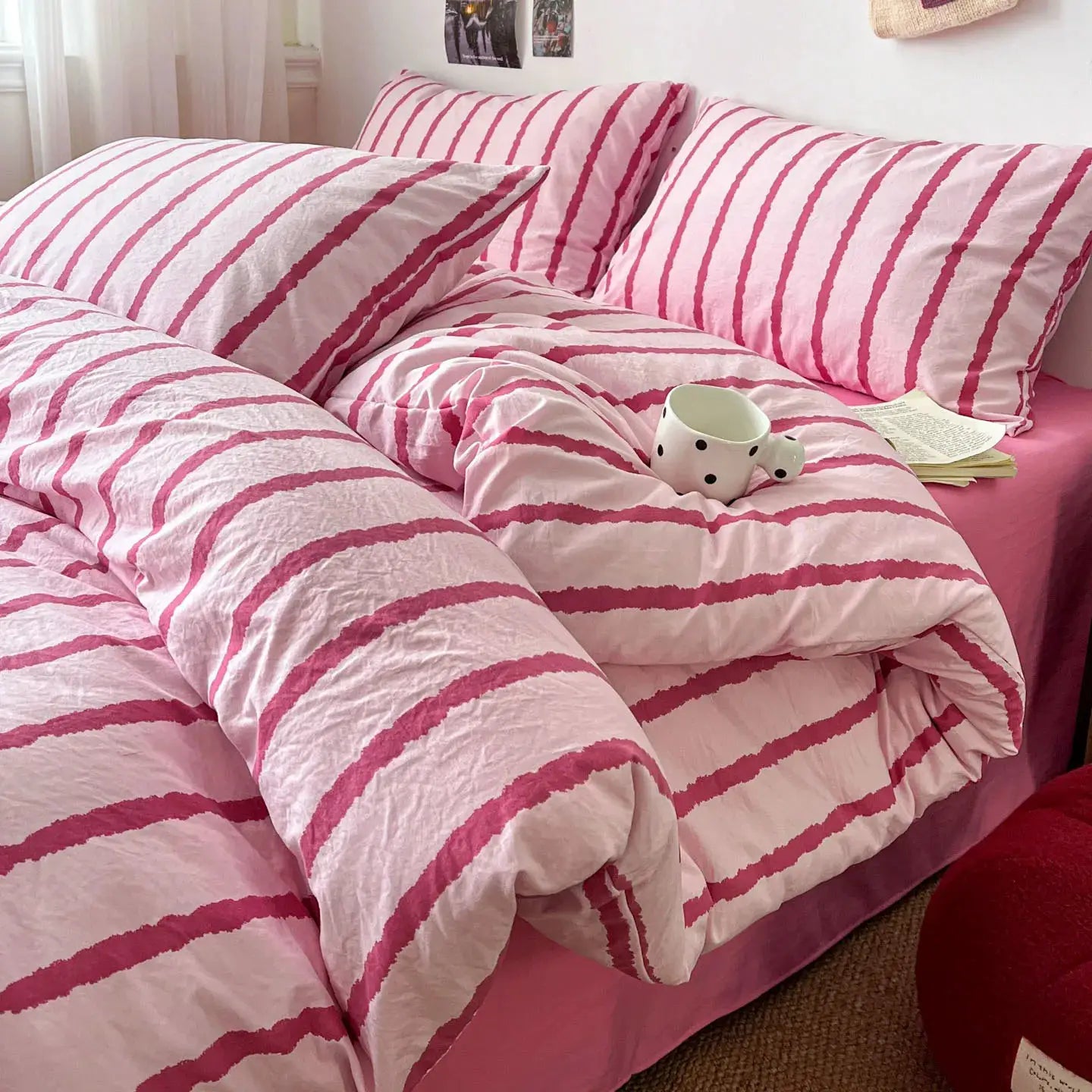 3-piece pink striped duvet cover set with 2 pillowcases in washed cotton for girls