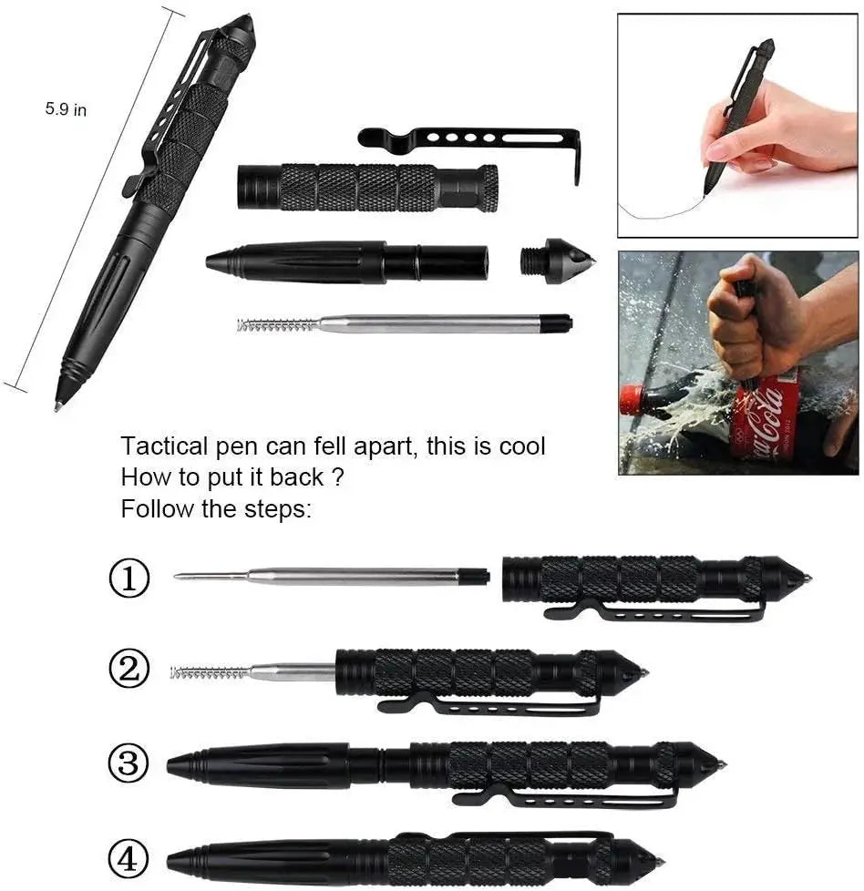 Military Tactical Pen With Tungsten Steel Tip And Glass Breaker For Self Defense And Writing Tool Includes 6 Refills
