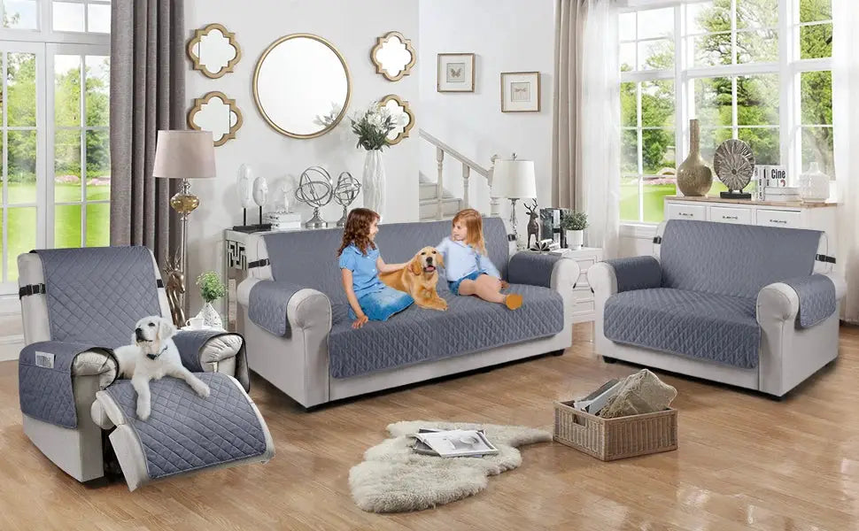 Sofa slipcovers by Simples Market waterproof quilted three-piece set for 1-3 seater in blue-gray with elastic straps.