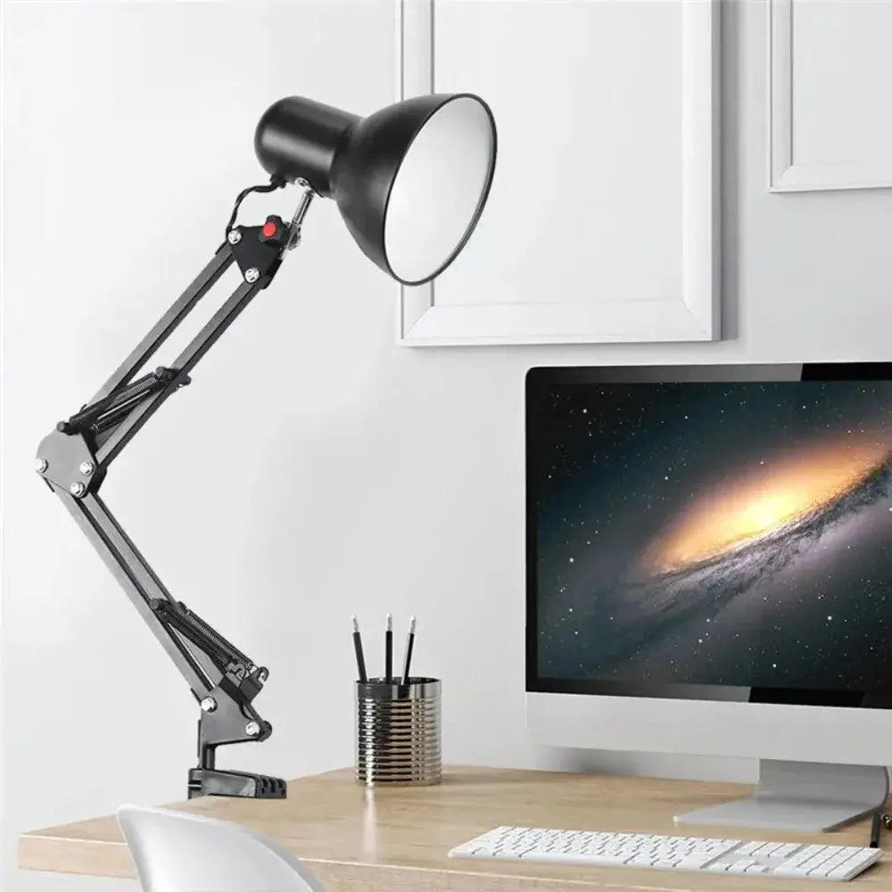 Swing Arm Clamp Lamp with EU/US plug, black metal desk light with adjustable arm for study or bedside.