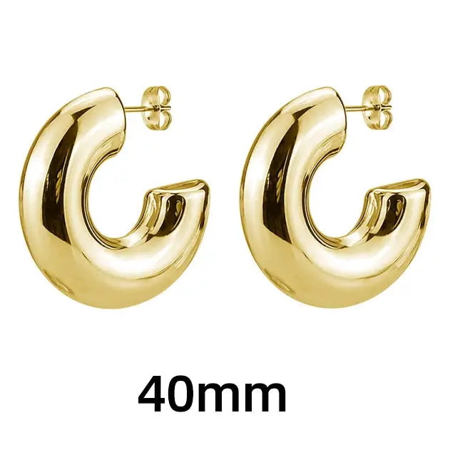Gold-plated stainless steel chunky hoop earrings, C-shaped, 40mm, pair