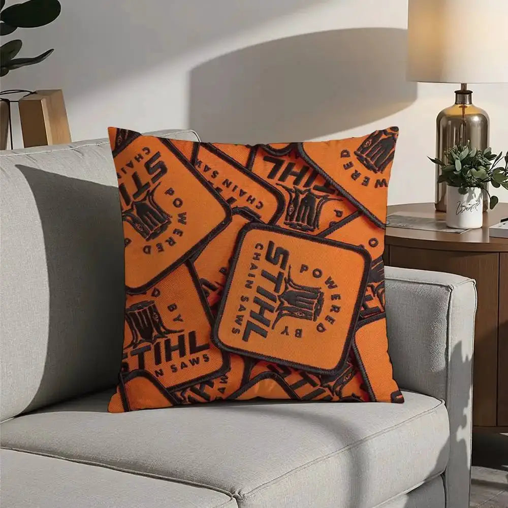 STIHL chainsaw logger pillow cover, orange double-sided short plush cushion on sofa