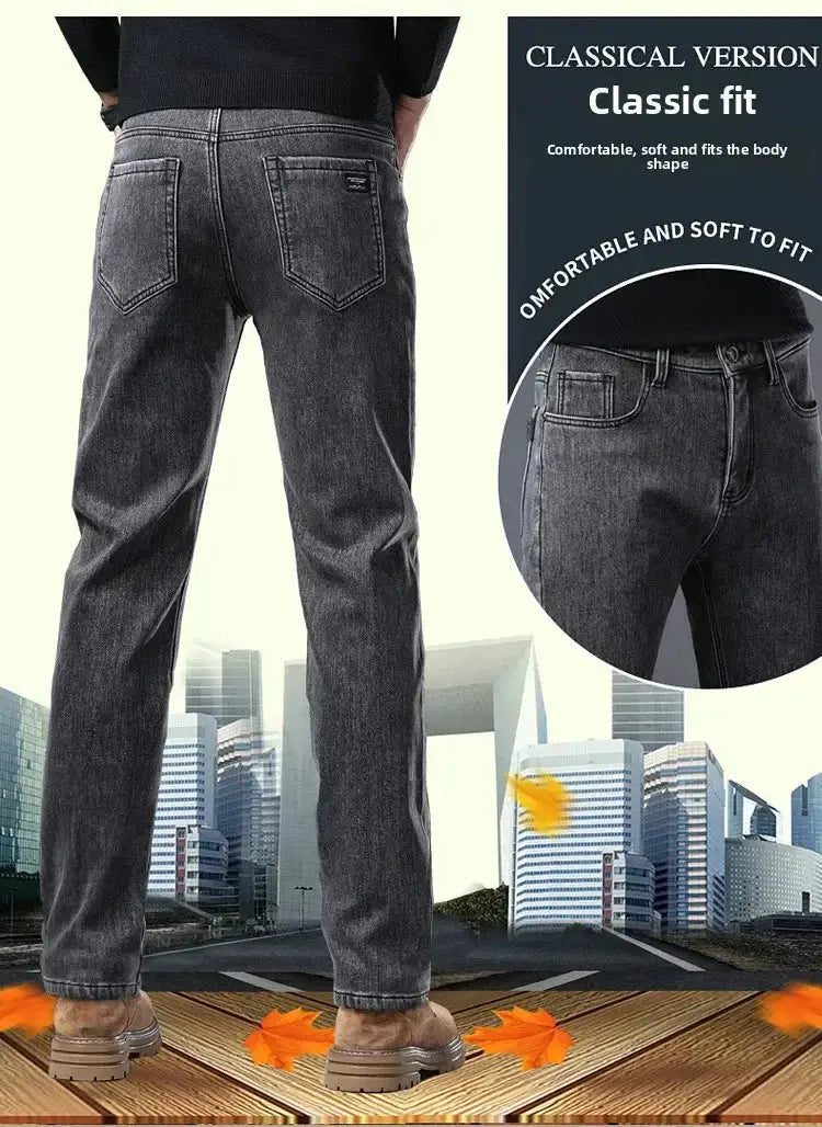 Winter Warm Jeans Men's slim straight gray denim pants with back pockets