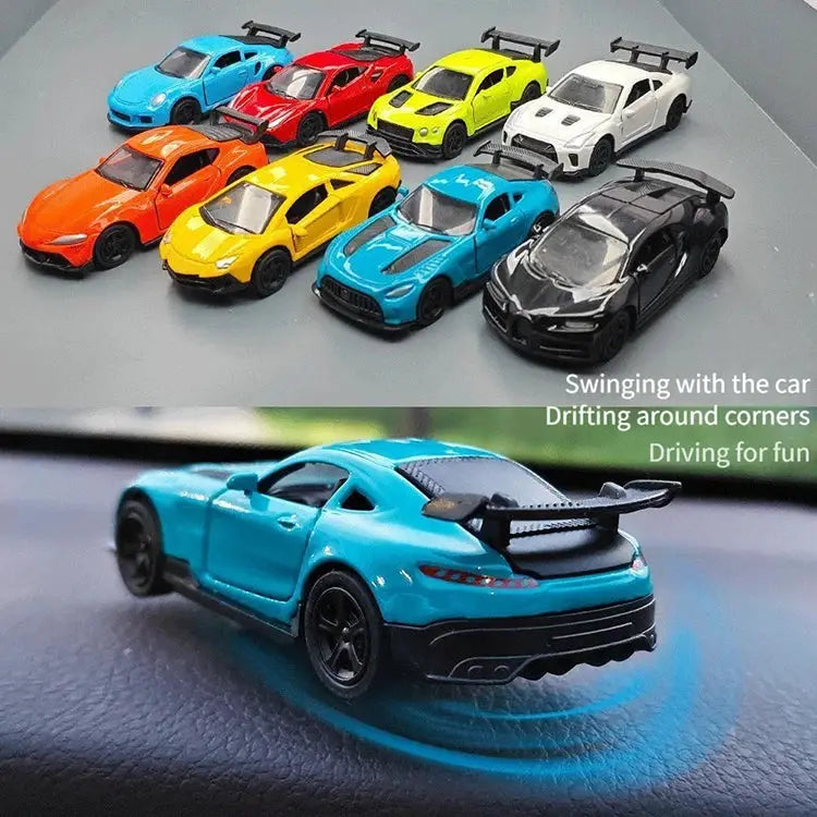 9-piece mini drift car toy set for dashboard; colorful sports cars with spoilers in blue red yellow white teal black