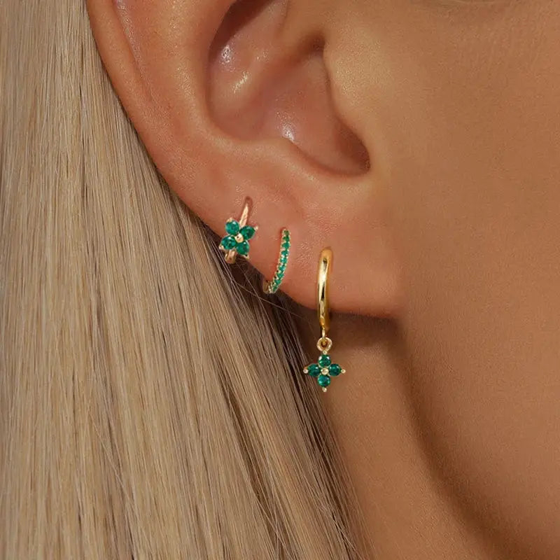 3Pcs Trendy Stainless Steel Flower Drop Earrings Set For Women Crystal Zirconia Dangle Hypoallergenic Piercing Jewelry