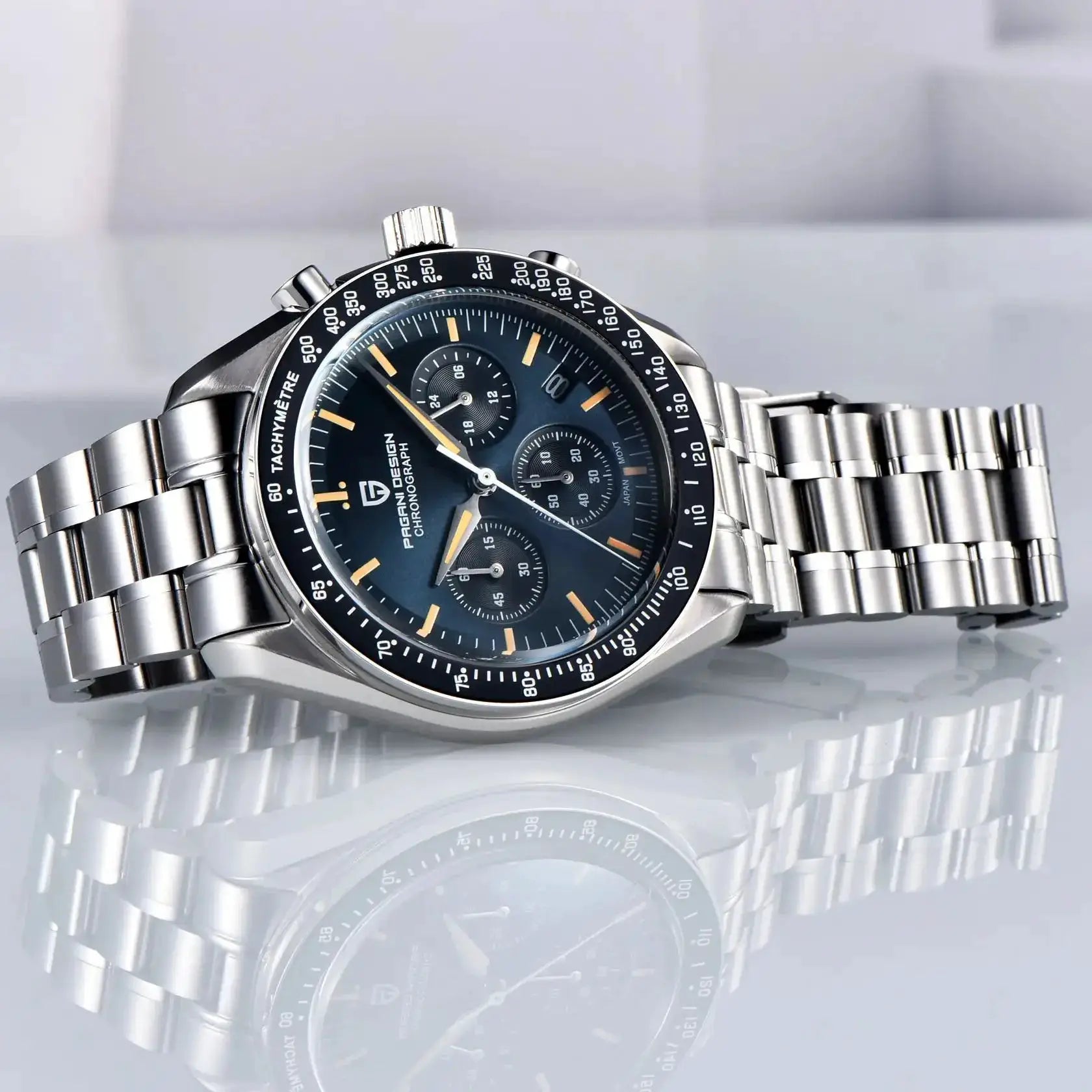 Pagani Design CK2998 tribute chronograph watch on stainless steel bracelet with black tachymeter bezel