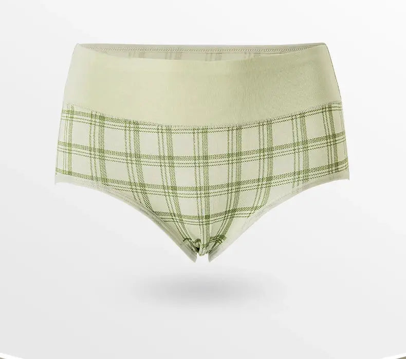Simples Market cotton women's high-waist panties in cream with green plaid print