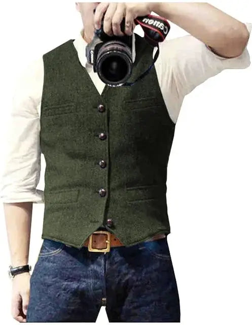 Green V-neck men's waistcoat with button front and front pockets; formal wedding groomsmen vest.