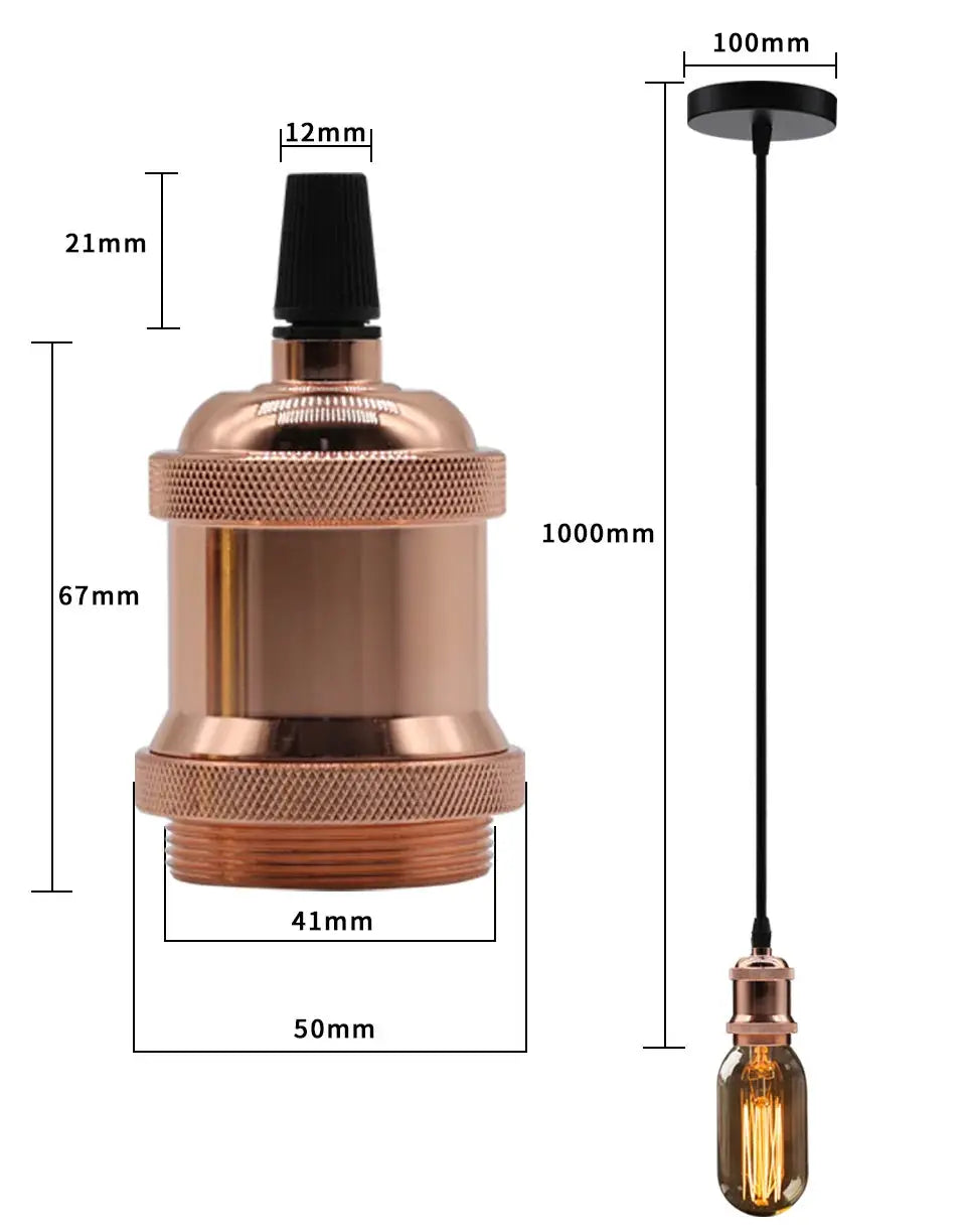 Copper aluminum pendant light with E27 socket, vintage industrial hanging lamp, 1000mm cord