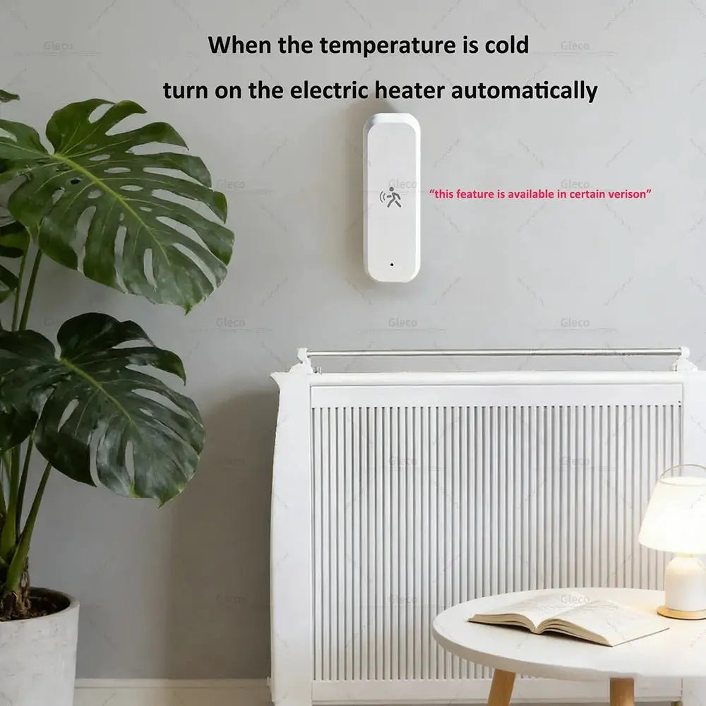 Zigbee 3.0 PIR motion sensor by Simples Market, white wall-mounted unit with temperature, humidity and illuminance monitor