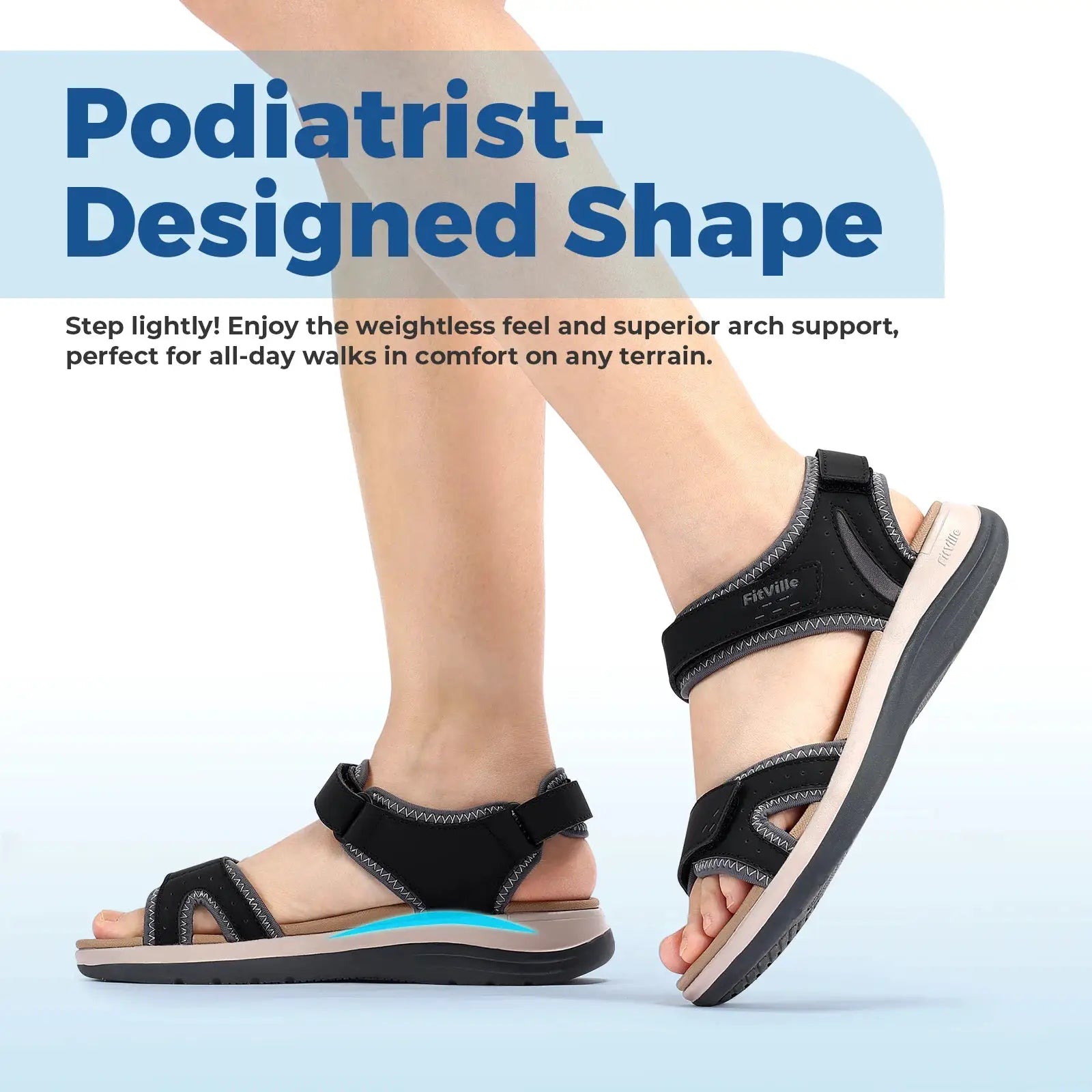FitVille women's black sandals with adjustable ankle strap, open toe, and orthopedic arch support