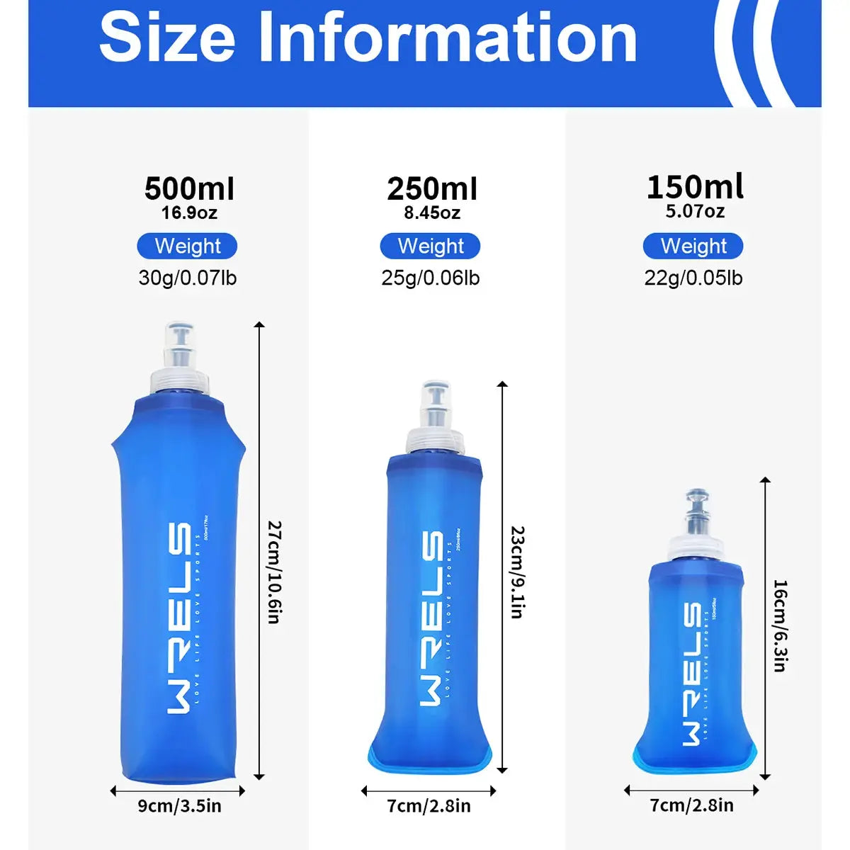 WRELS blue camping soft water bottles, set of three in 500ml, 250ml, 150ml sizes