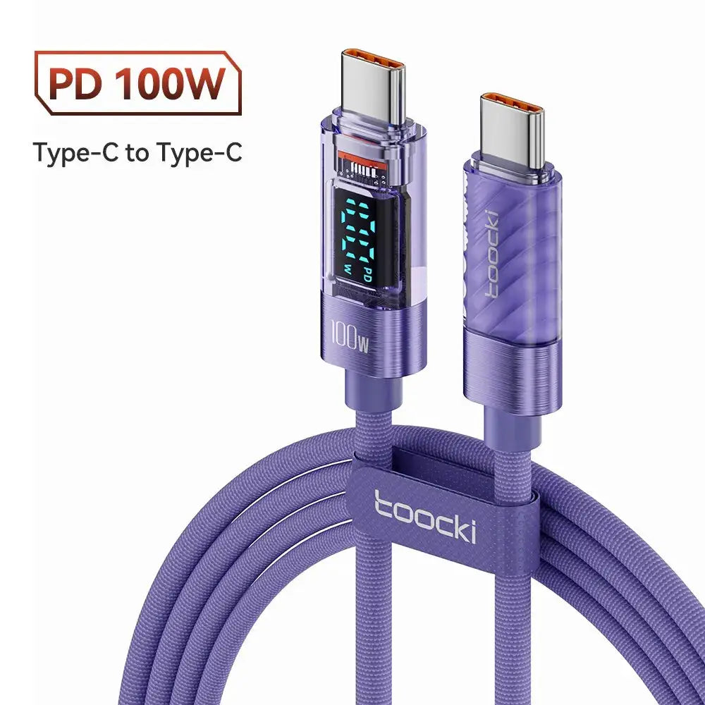 Toocki Type-C to Type-C 100W PD USB-C cable, purple braided transparent design