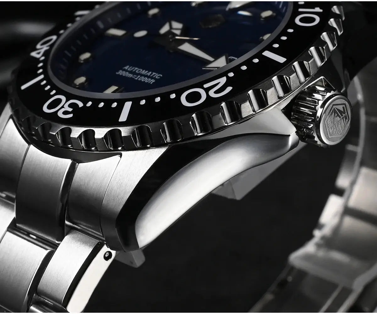 San Martin NH35 automatic diver watch with blue dial, stainless steel bracelet, and black bezel