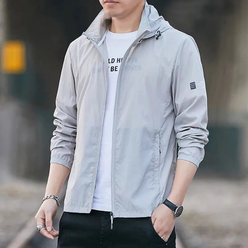 Men's light gray windbreaker with hood, full-zip breathable outerwear
