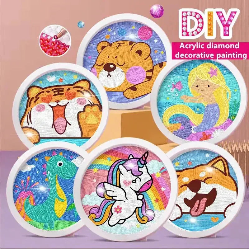 Round Frame Unicorn Diamond Painting Kit For Kids And Teens With Kitten Dinosaurs And Tigers Creative Diamond Art