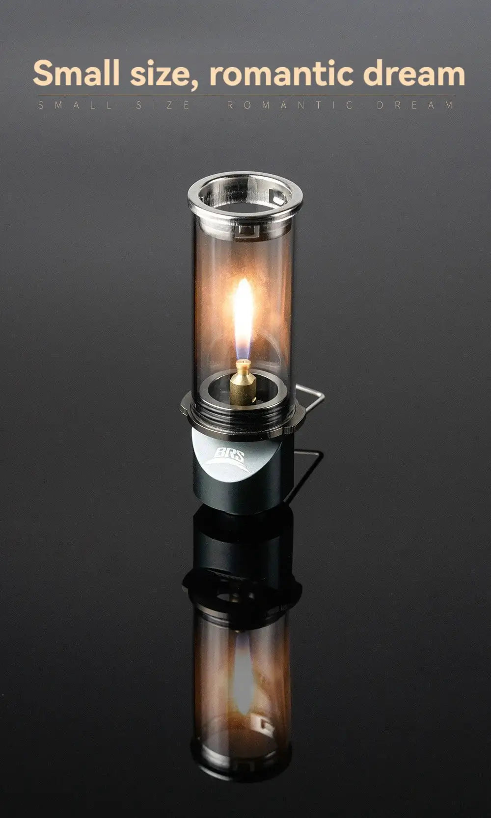 BRS-55 Dreamlike Candlelight Lamp windproof camping lantern with glass tube and metal base.