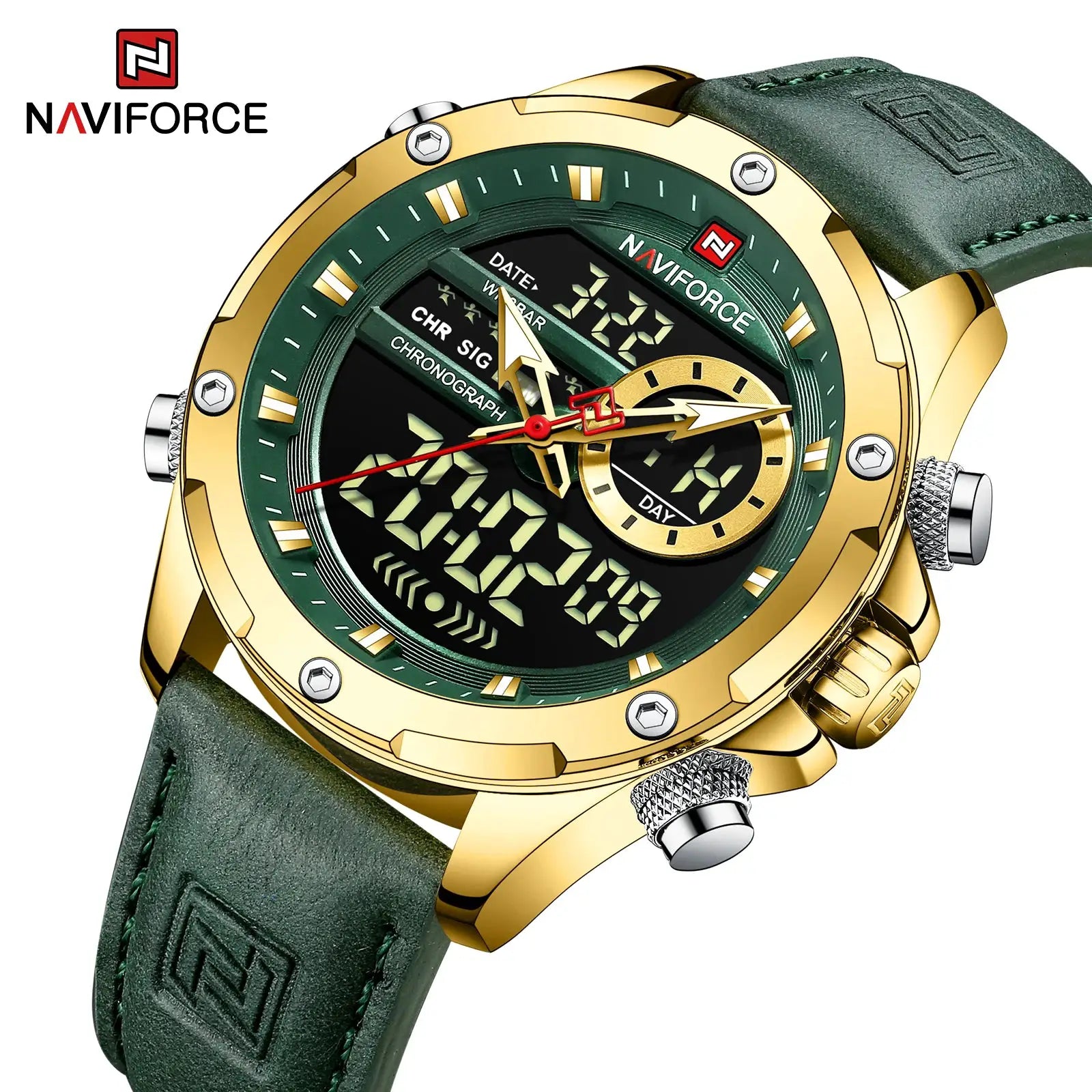 NAVIFORCE men's luxury chronograph digital watch with gold-tone case and green leather strap