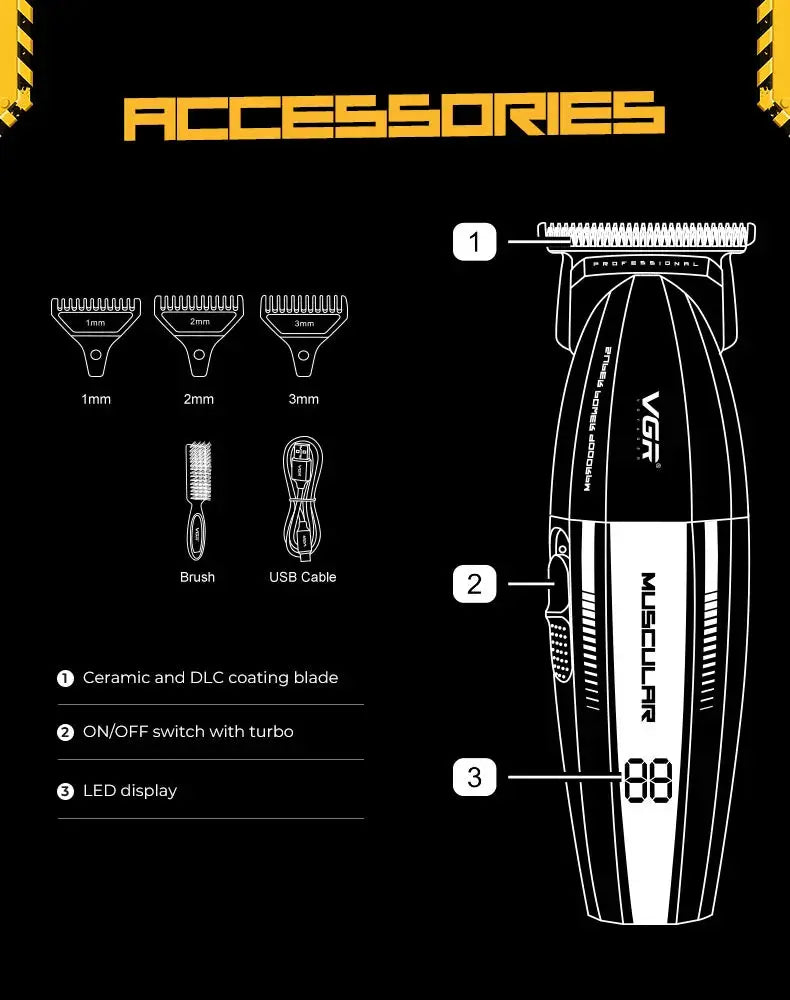VGR hair trimmer with black/white body and LED display; includes 3 combs, brush, USB cable, ceramic/DLC blade