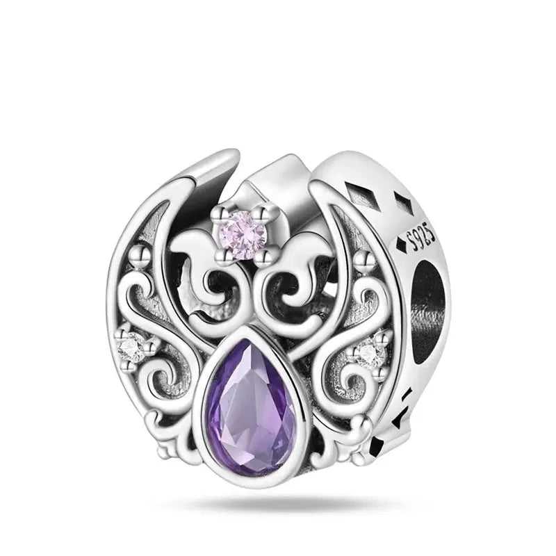 Silver-plated guardian angel heart charm bead with purple teardrop zircon and clear stones for Qikaola 925 bracelets