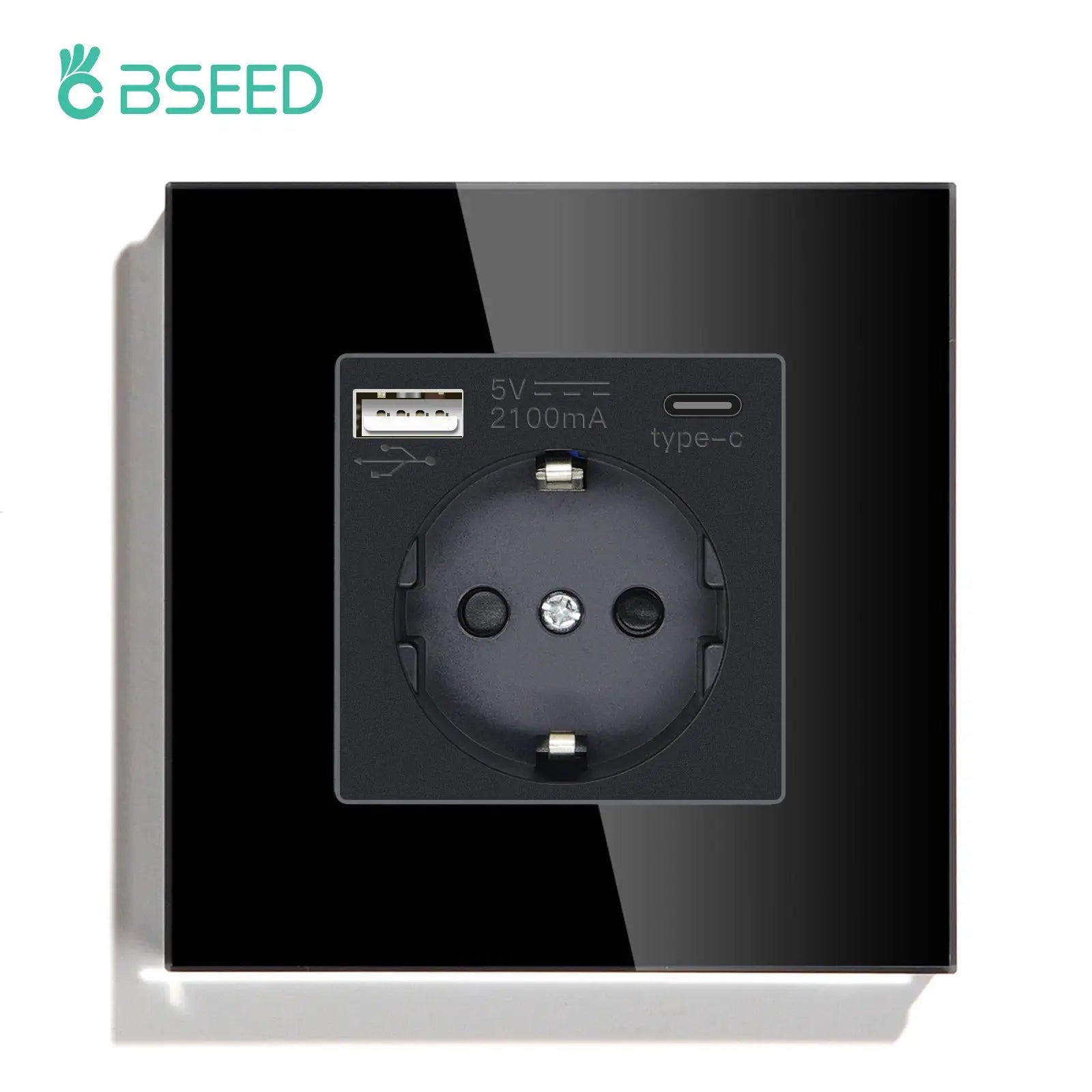Wall socket with USB-C port on glass panel by BSEED, EU standard 16A, kid protection, Simples Market