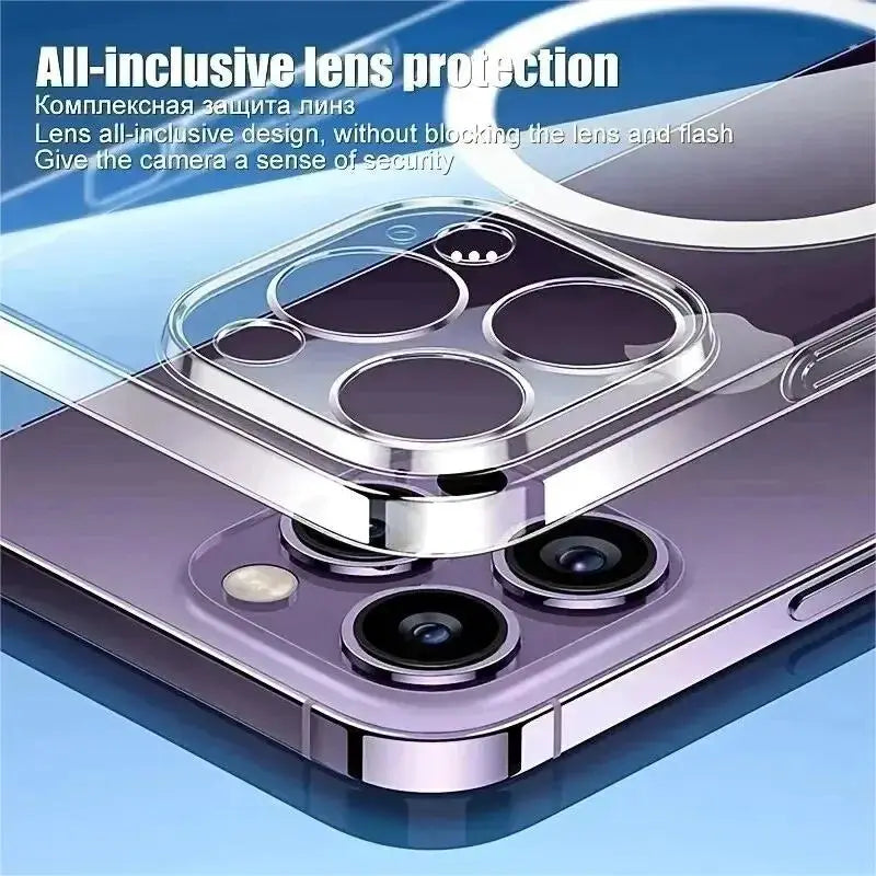Clear PC protective case for iPhone 11–16 Pro Max with lens protection, ultrathin, anti-slip and magnetic charging
