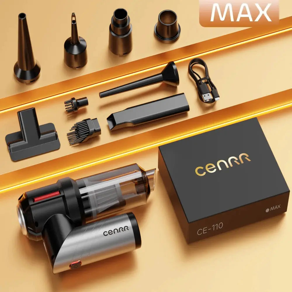 CENRR cordless car vacuum cleaner kit with multiple nozzles and brushes, silver and black handheld unit