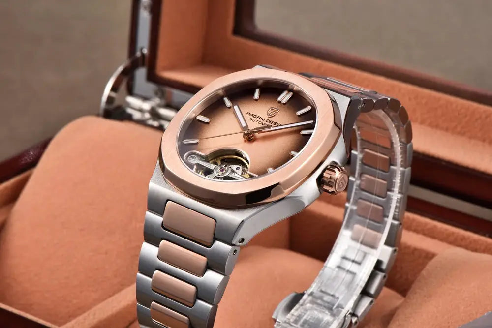 Pagani Design men's skeleton automatic watch, two-tone stainless steel with rose-gold bezel