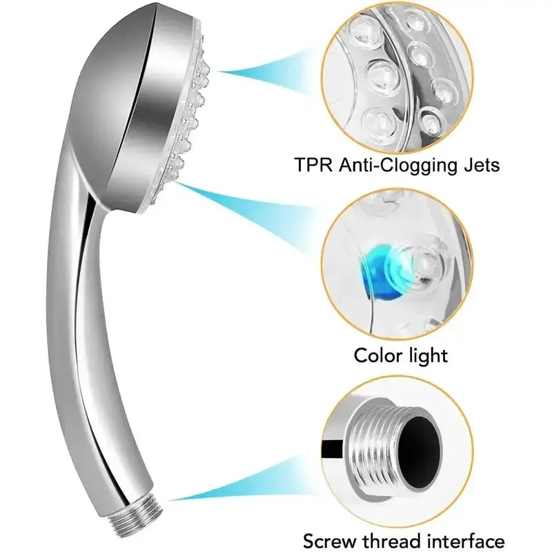7-Color LED Shower Head by Simples Market with rainfall spray, chrome finish, anti-clogging jets