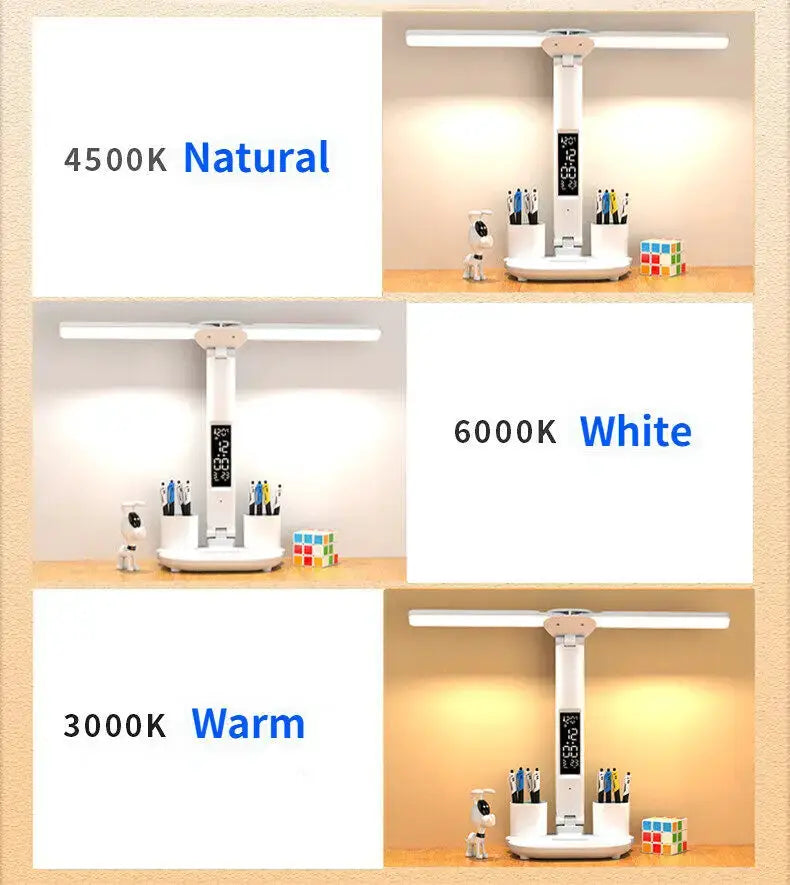 Simples Market LED Clock Table Lamp with 2 heads, USB charging, dimmable, 180° rotation.