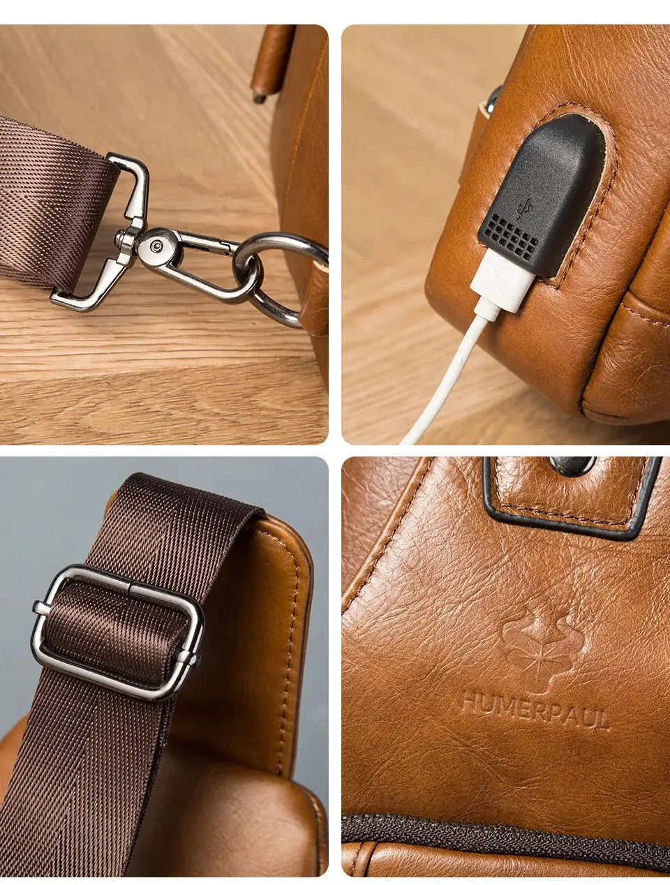 HUMERPAUL men's genuine leather USB crossbody chest bag with brown strap and charging port
