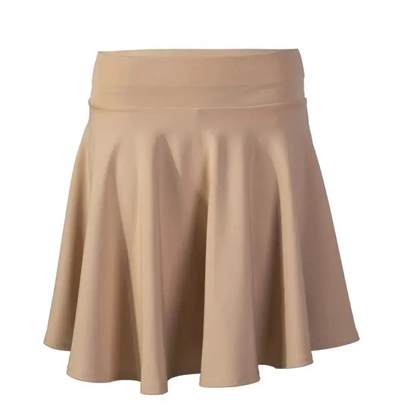 Beige flared mini skirt with wide waistband in smooth fabric.